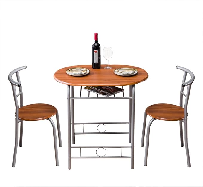 3-Piece Dining Table Set, Space Saving Breakfast Table and 2 Chairs with Metal Frame, Kitchen Breakfast Compact Table Set with Storage Shelf, for Dining Room, Apartment, Bistro (Light Brown)