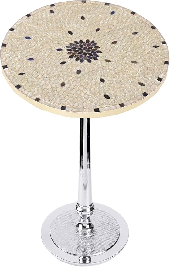CLEENTABLE Mosaic Round End Table - Modern Coffee Accent Table with Artistic Top, Electroplated Silver Legs - Lightweight, Durable, Easy Assembly 15 x 21 Inches (Ivory Silver)