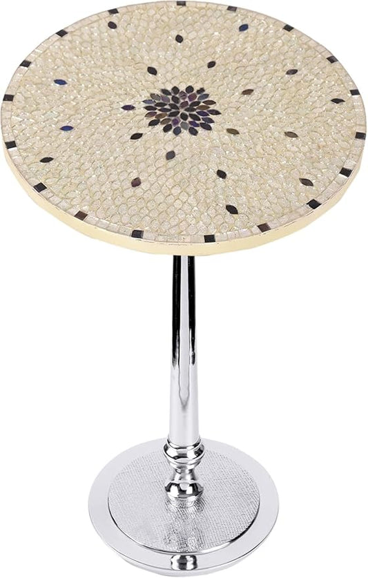 CLEENTABLE Mosaic Round End Table - Modern Coffee Accent Table with Artistic Top, Electroplated Silver Legs - Lightweight, Durable, Easy Assembly 15 x 21 Inches (Ivory Silver)