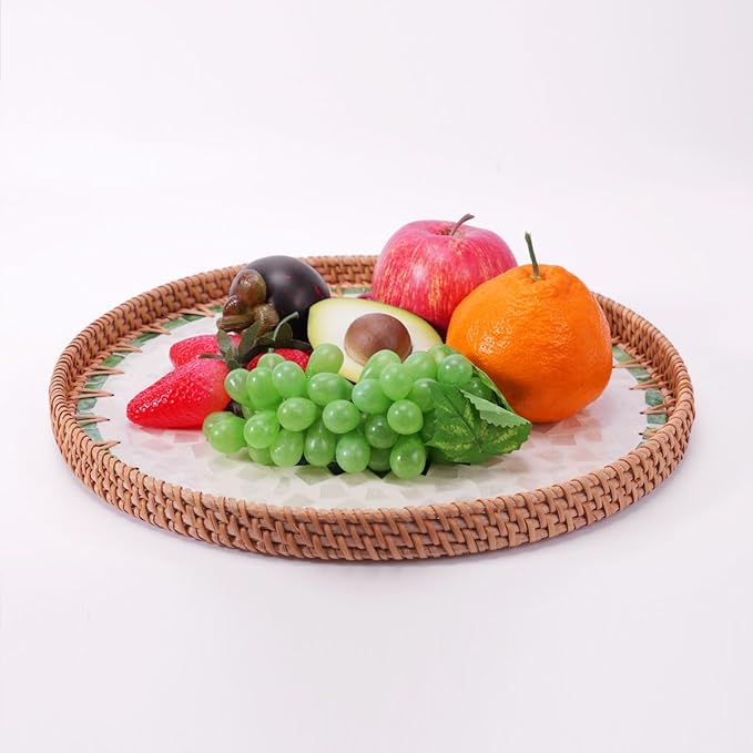 Shellac Rattan Tray with Mother of Pearl Inlay, Round Decorative Serving Tray for Home Décor Coffee Table Storage and Display Ottoman Tray, 100% Natural Materials - Mix Color 13.5"