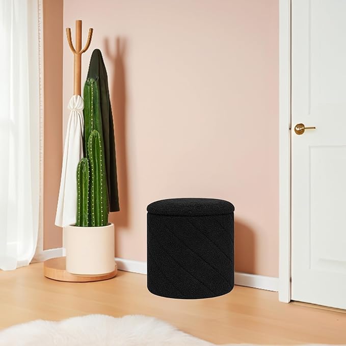 B FSOBEIIALEO Ottoman with Stroage, Boucle Round Storage Ottoman with Tray,Foot Rest Stool for Dorm Room, Living Room Black, 12.99"x12.99"x13.78"
