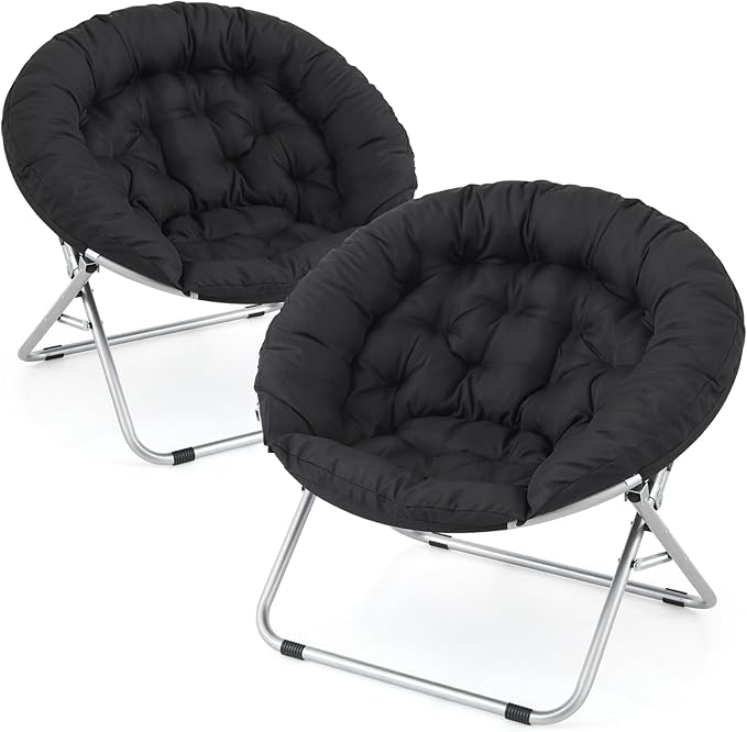 Athena Collection Comfy Saucer Chair, Folding Oversized Cozy Chair for Bedroom Living Room Fabric Reading Chair, Foldable Metal Frame Round Lazy Chair Moon Chair for Adult Set of 2, Black