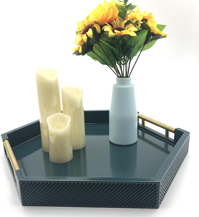 Serving Tray with Polished Metal Handles, Hexagon Coffee Table Tray, Modern Rectangle Decorative Tray, Large Ottoman Tray, Perfect for Storage and Display (Teal Hexagon)