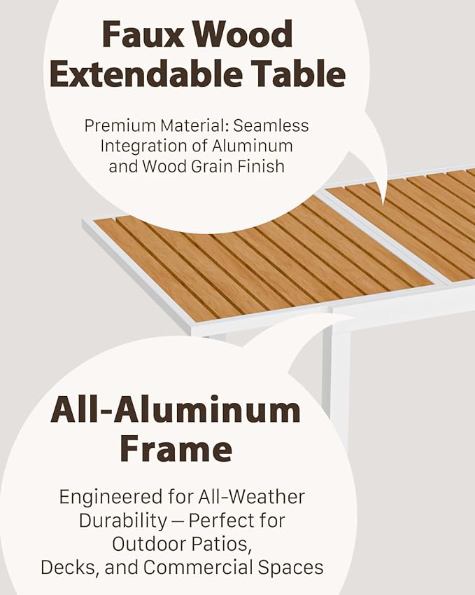 ZANDOR Expandable Outdoor Dining Set for 4-6-8,Patio Table and Chairs Set with Wood Top for Garden,Backyard,Porch,55"-82.7" Extendable Aluminum Outdoor Table Set with 4 Chairs,White