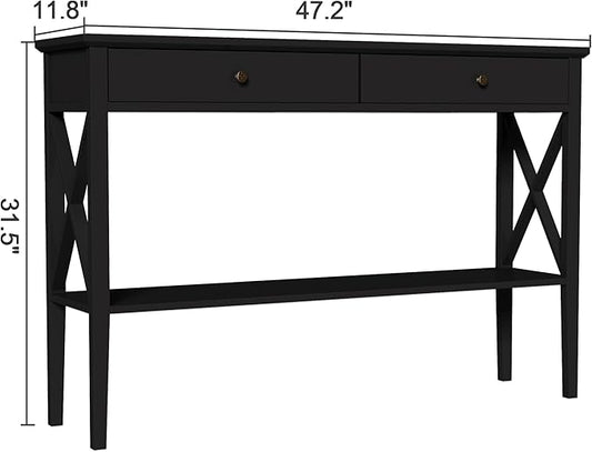 ChooChoo 47" Console Table with Drawers, Narrow Wood Accent Sofa Table Entryway Table with Storage Shelf for Entryway, Front Hall, Hallway, Living Room, Black