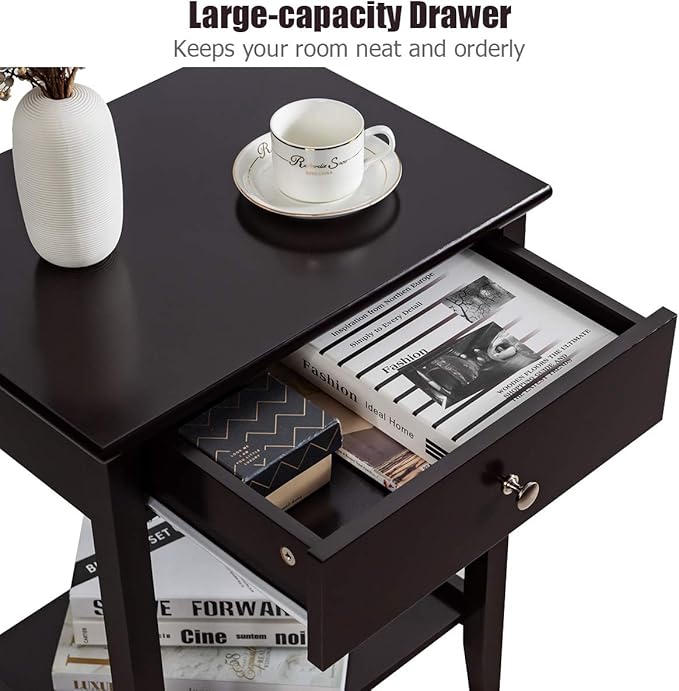 Giantex Nightstand Wooden 2-Tier Couch Sofa Side Table with Drawer, Storage Shelf, Solid Wood Legs,Mufti-Functional Home Furniture for Living Room Bedroom Study Room End Table (1, Brown)