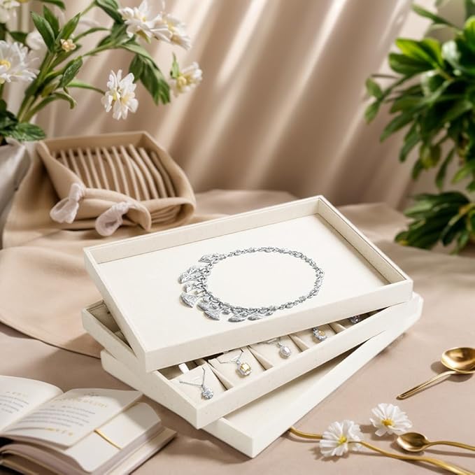 Linen Jewelry Tray Stackable Jewelry Drawer Organizer Trays Necklace Bracelet Holder Storage Display(Beige)