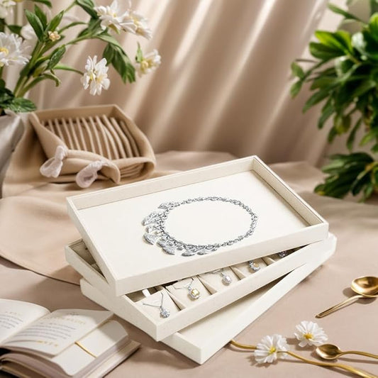 Linen Jewelry Tray Stackable Jewelry Drawer Organizer Trays Necklace Bracelet Holder Storage Display(Beige)