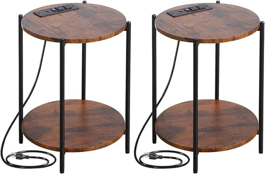 2 Tier Round Side Table, Folding End Tables Coffee Table Simplistic Sofa Table Waterproof Removable Tray Table Indoor Outdoor Accent Table for Living Room Bedroom (Brown, 2pcs)