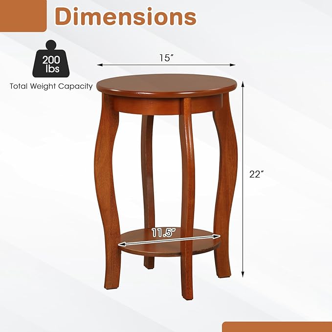 GOFLAME 2-Tier Round End Table, Mid-Century Modern Sofa Side Table with Storage Shelf, Solid Wood Legs, Compact Accent Table, Nightstand for Living Room, Bedroom, Small Space, Walnut