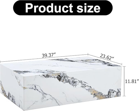 39.3" Rectangular Wood Coffee Table, Modern White Faux Marble Pattern Coffee Tables for Living Room, Contemporary No Assembly Wooden Center Cocktail Table for Bedroom, Reception Room