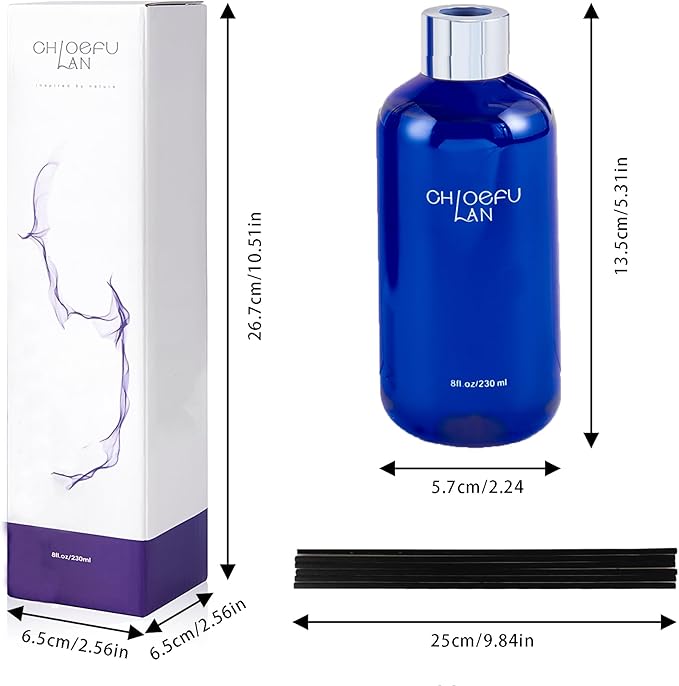 Chloefu Lan Jasmine Reéd Diffuser,8.1 oz Natural Essential Scented Oil with Diffuser Sticks,Blue Jar, Home & Office Decor Aromatherapy Diffuser Oil Gift Set