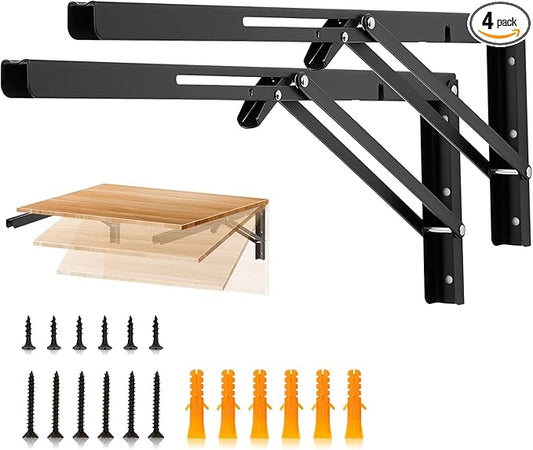 JOY DECOR 20 Inch Heavy Duty Folding Shelf Brackets, 4 Pack (2 Pairs) Collapsible Wall Mounted Brackets for Fold Down Table, Stainless Steel Folding Table Hinge, Matte Black