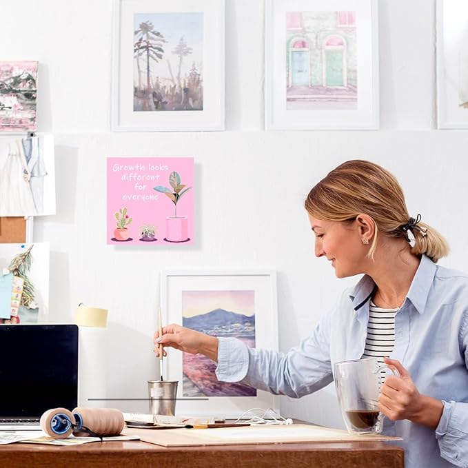 LVQHI Pink Decor For Desk, Growth Looks Different For Everyone Plant Inspirational Motivational Wooden Block Sign For Home Bedroom Office Desk Table Decor, Cheer Up Gift For Coworker Friend