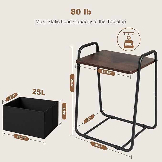 Rustic Brown Metal Frame Nightstand - Small Side Table with Fabric Storage Basket and Handle - Ideal for Bedroom & Living Room & Dorm