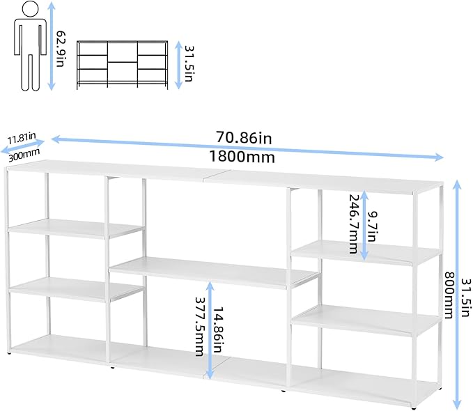 71 Inch Metal Console Table with 8 Storage Shelves,Extra Long Entryway Table,Narrow Sofa Table,Hallway Table for Entrances to Corridor, Foyer,Living Room (White, 70.87×11.81×31.5)