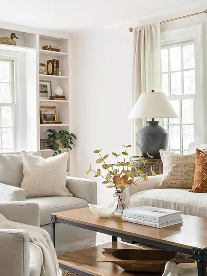 Fall Fake Eucalyptus Stems in Glass Vase with Faux Water 14" Fake Fall Plants with Artificial Eucalyptus Leaves Fall Decorations for Home Bathroom Desk Coffee Table Centerpiece Office Farmhouse Decor