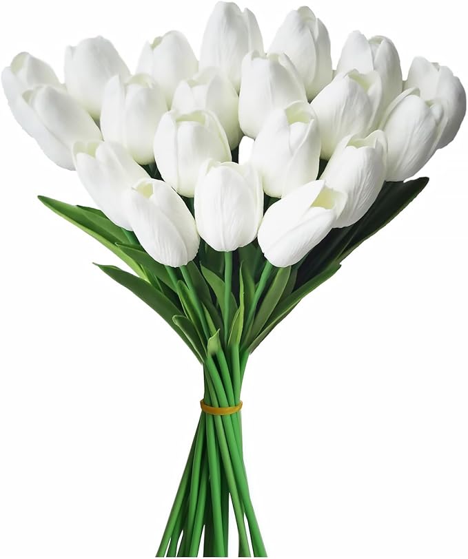 ABAJI 20PCS Tulip Artificial Flowers 12.6inch Real Touch for Wedding Decor Banquet Party Home Hotel Office Decoration Holiday Anniversary Celebration Faux Sterm