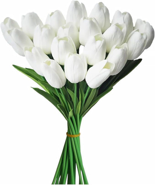 ABAJI 20PCS Tulip Artificial Flowers 12.6inch Real Touch for Wedding Decor Banquet Party Home Hotel Office Decoration Holiday Anniversary Celebration Faux Sterm