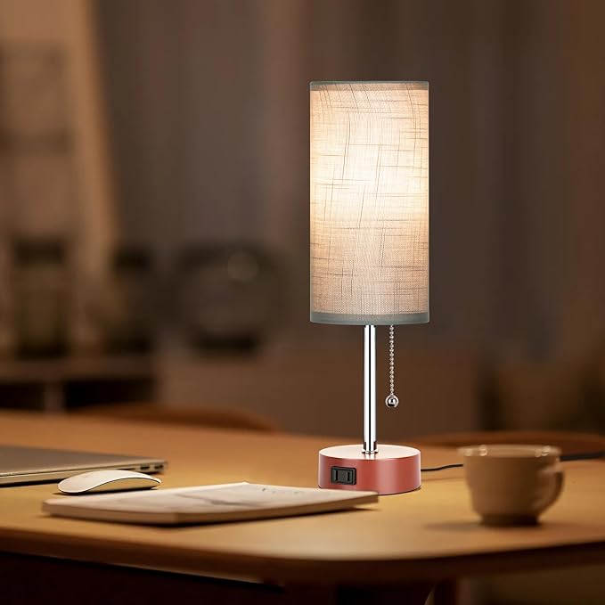 Dott Arts Table Lamp for Bedroom, 3-Color Bedside Lamps with Pull Chain, Bedroom Table Lamps for Nightstand,AC Outlet Small Lamp for Living Room, Bulb Included Grey Striped