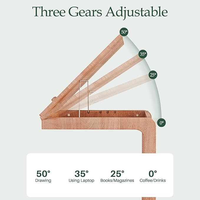 C Shaped Rolling End Table with Wheels - Solid Wood Side Table for Couch, Wooden Modern Tv Tray Bedside Tables for Sofa Armchair Living Room Bedroom, Cherry, 15.4 in x 23.6 in x 24.8 in