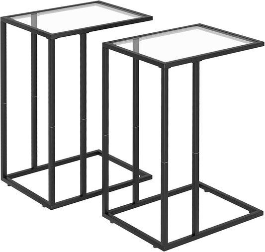 C Shaped End Table Set of 2, Sofa Couch Side Table, Tempered Glass Snack TV Tray Table with Metal Frame for Small Space,Living Room, Bedroom, Bedside,Modern Style, Black,2PCS