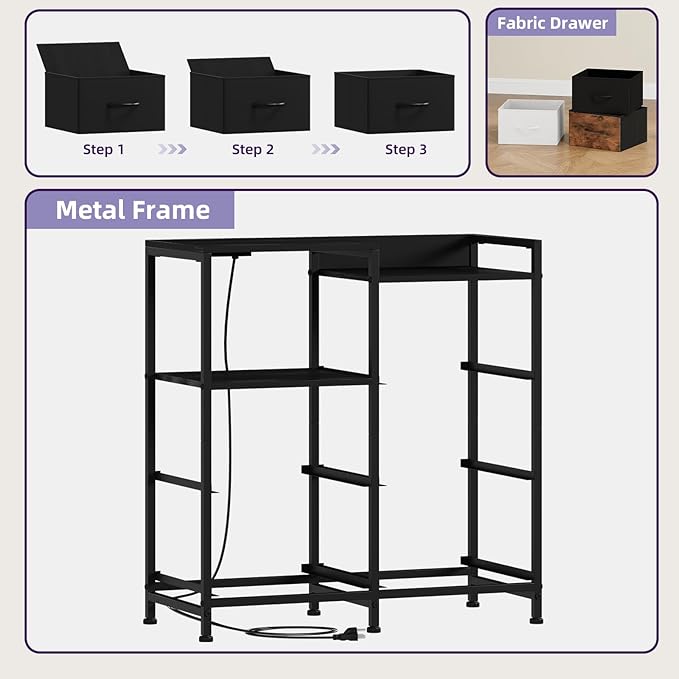 Somdot Black Nightstand with Charging Station and LED Light, Wide 5 Drawers Dresser for Bedroom with Fabric Bins and Open Shelf for Bedroom Kids Closet Dorm Guest Room, Black