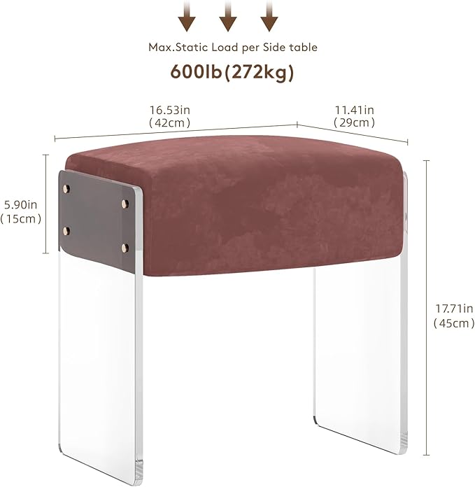 Vanity Stool Chair and Pouf Ottoman-Modern Multifunctional Vanity Stool and Foot Rest with Alcantara and Acrylic Leg for Makeup Room, Living Room, Bedroom