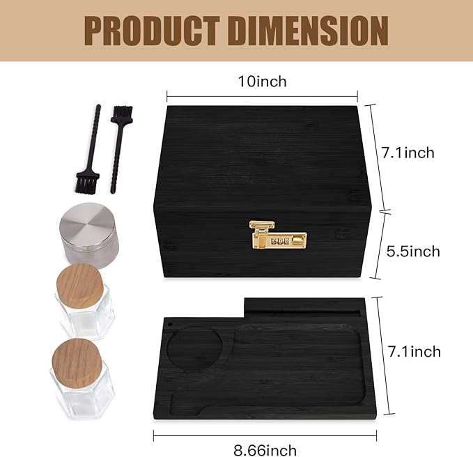 Large bamboo box, locked storage decorative box with combination lock, wooden lock box with lid, wooden locked storage box with removable tray and jars (Black)