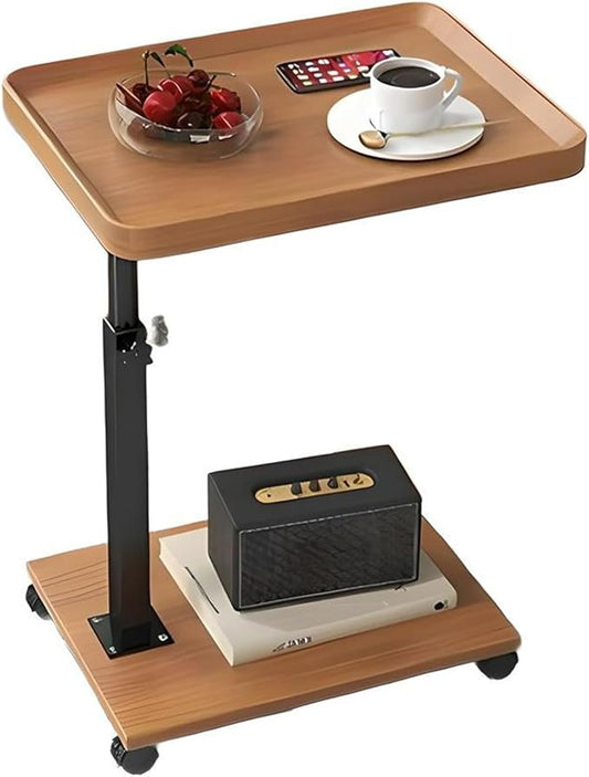 Gets Adjustable Height Sofa Tray Table for Couch,360°Swivel TV Tray for Small Spaces,C Table End Table with Wheels for Eating, Livingroom, Bedroom, Sofa-Wood,15.8" X 11.8" X 31.5"