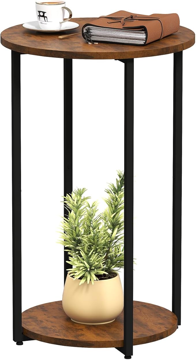 Round Side Table, Small End Table with Storage Shelf, Accent Table for Living Room, Bedroom and Small Spaces, Metal Frame, Rustic Brown & Black, 15.75" Dia x 25.4" H