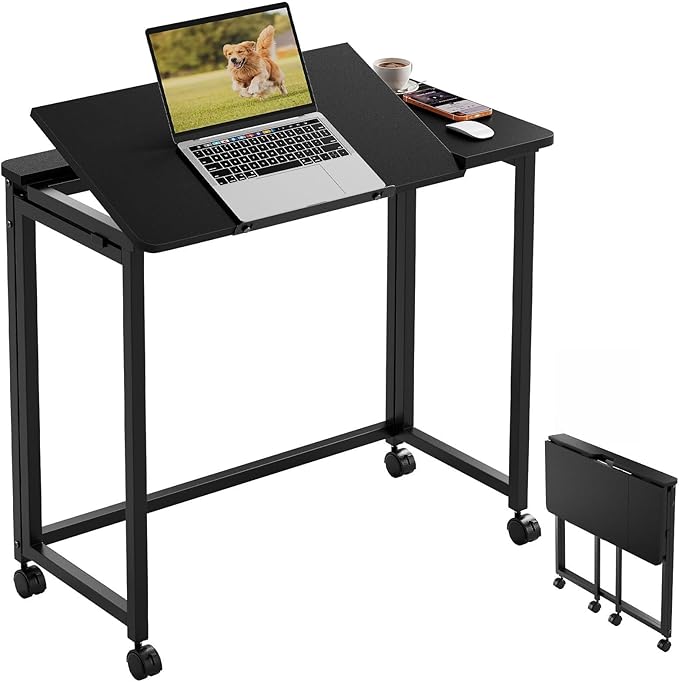 GreenForest Folding Desk with Adjustable Tiltable Desktop 0-90°, 31.5 inch Small Desk with Wheels, Rolling Drafting Table for Laptop, Reading, Writing, Drawing, Work, Black