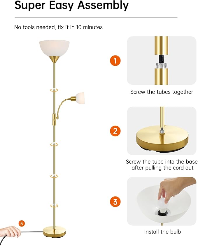 Torchiere Floor Lamps, LED Standing Lamp, 71" Tall Torch Floor Lamps with Reading Light, 3 Way Rotary Switch, White Plastic Shade,Bright Gold Modern Corner Lamp for Living Room Bedroom Office(No Bulb)