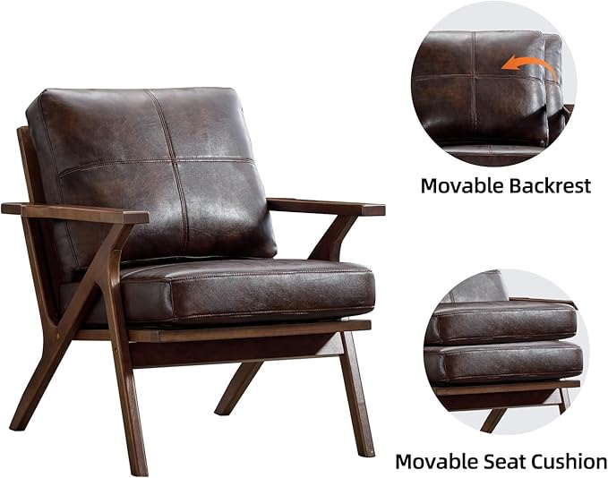 INZOY Mid-Century Modern Accent Chair with Wood Frame Set of 2, PU Leather Living Room Chair and Soft Thick Padded Armchair for Living Room Bedroom Reception with Removable Upholstered Cushions, Brown