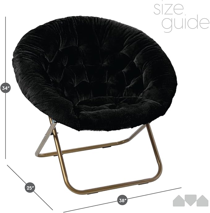 Milliard Saucer Chair For Adults, Teens & Kids, Black, Faux Fur XL Circle Chair for Bedroom, Dorm & Gaming, Foldable Comfy Accent Seat for Small Spaces, Folding Moon / Mushroom / Round Oversized Style
