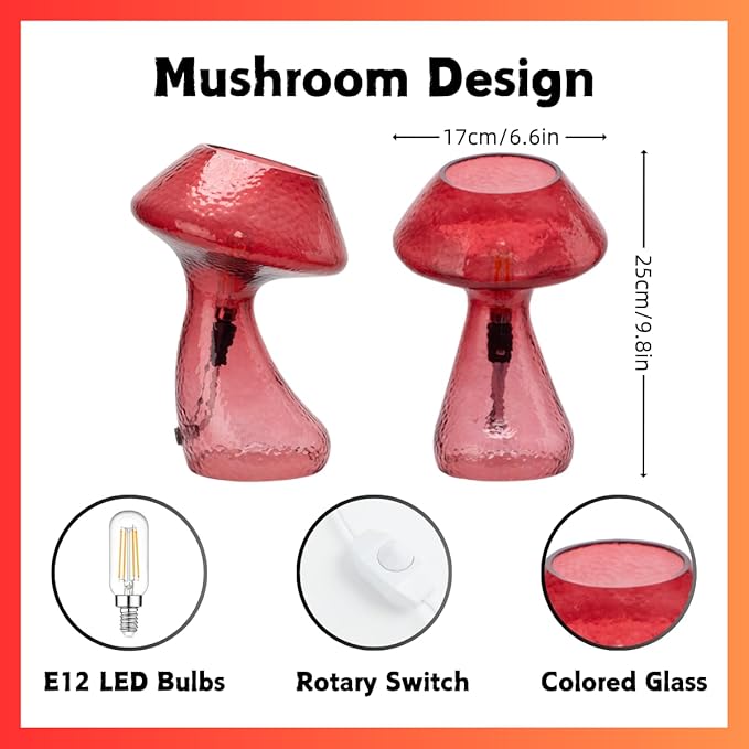 Dimmable Mushroom lamp,red Glass Mushroom Bedside Table Lamp,Village Style Small Nightstand Desklamp for Home Decor, Dining, Living, Bedroom, Gift（LED Bulbs Included）