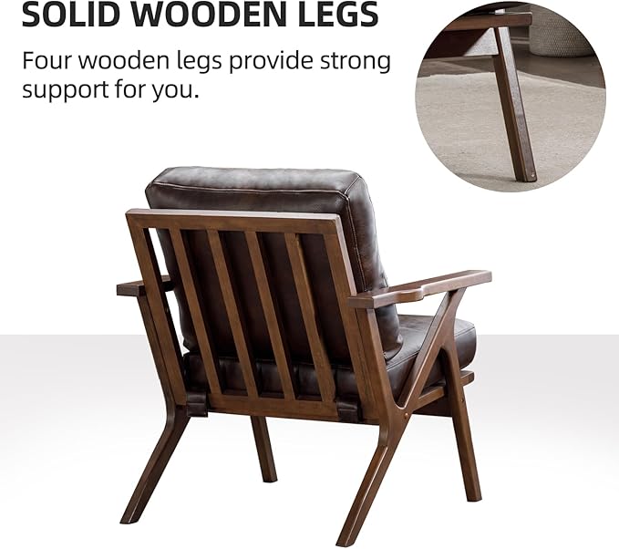 INZOY Mid-Century Modern Accent Chair with Wood Frame, PU Leather Living Room Chair and Soft Thick Padded Armchair for Living Room Bedroom Reception with Removable Upholstered Cushions, Brown