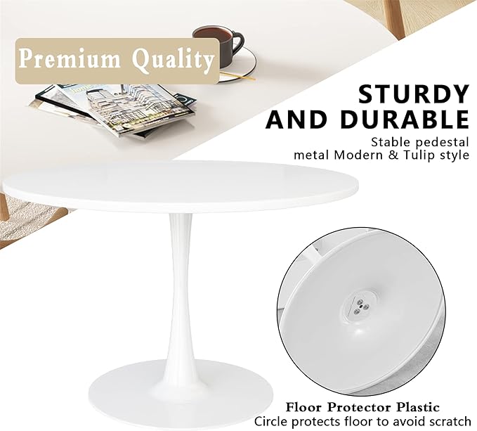 DKLGG White Round Dining Table, 42.1" Tulip Table Kitchen Dining Table 4-6 People with MDF Tabletop & Pedestal Base, Mid-Century End Leisure Coffee Office Living Room Table