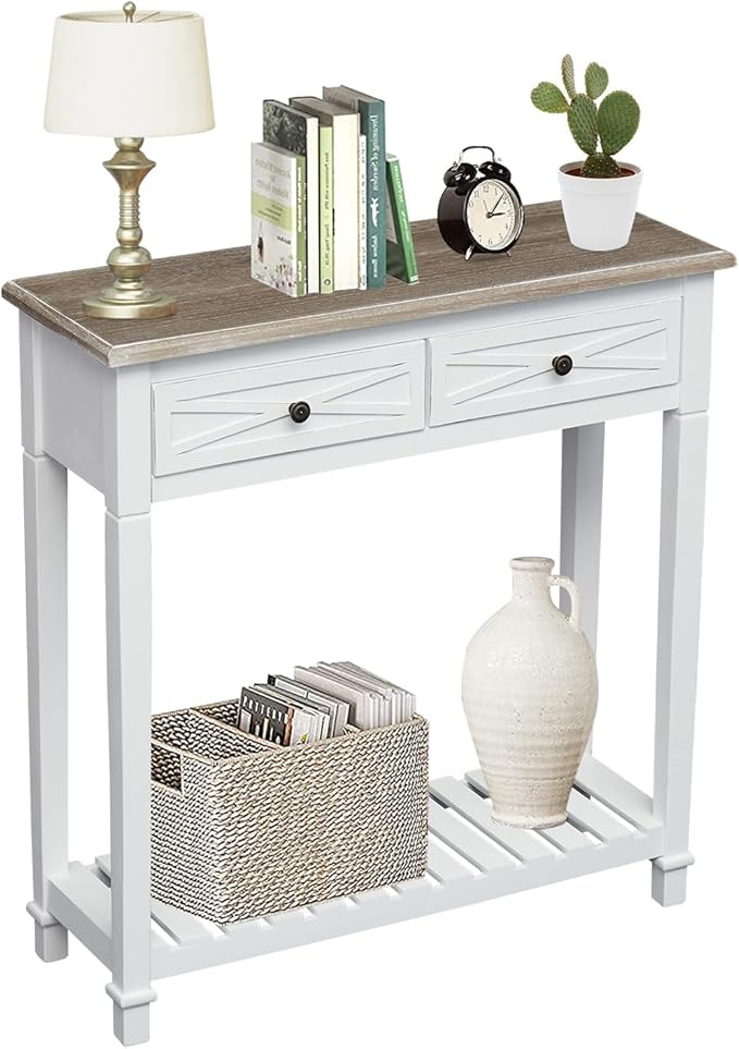 kinbor Entryway Table - White Console Table with 2 Drawers, Narrow Small Console Table with Storage Shelf for Entryway, Living Room, Hallway, White