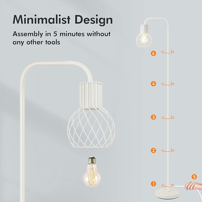 Industrial Floor Lamp, White Standing Lamp Modern with 6W LED Bulb, Foot Switch, Metal Tall Floor Lamps for Living Room, Bedroom, Office, Den, Vintage Stand Up Light, Minimalist Mid Century Pole Lamp