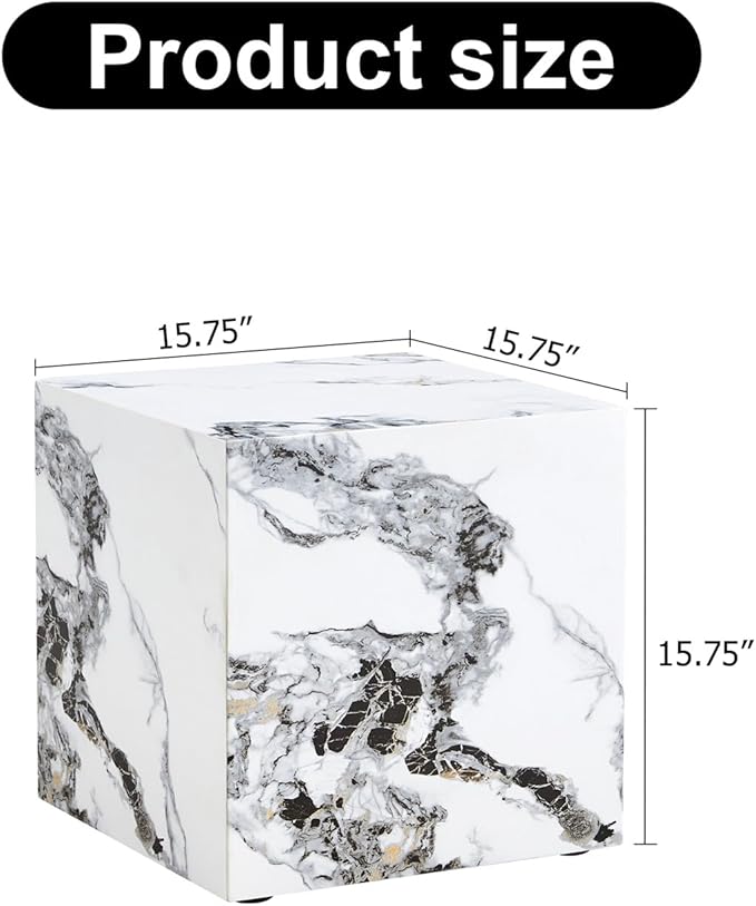 End Table, White Marble Side Table, Beside Table Couch Coffee Table, Cube Accent Living Room Sofa Table, Bedside Table Nightstand for Small Spaces, Bedroom (Modern, Marble 01)