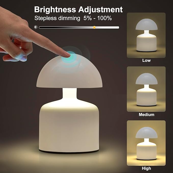 Modern Cordless Mushroom Small Table Lamp Touch LED Lamps, 3-Way Dimmable Bedside Nightstand Lamp Mini Rechargeable Night Light for Bedroom, Living Room (White)