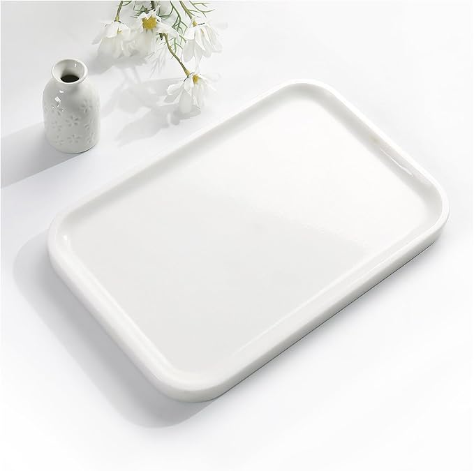 Yew & Tulip Natural Marble Vanity Tray, 12"x 8"x 0.7" Glossy White Serving Tray for Bathroom, Kitchen, Vanity, Home Decor, Wedding etc. (Polished White)