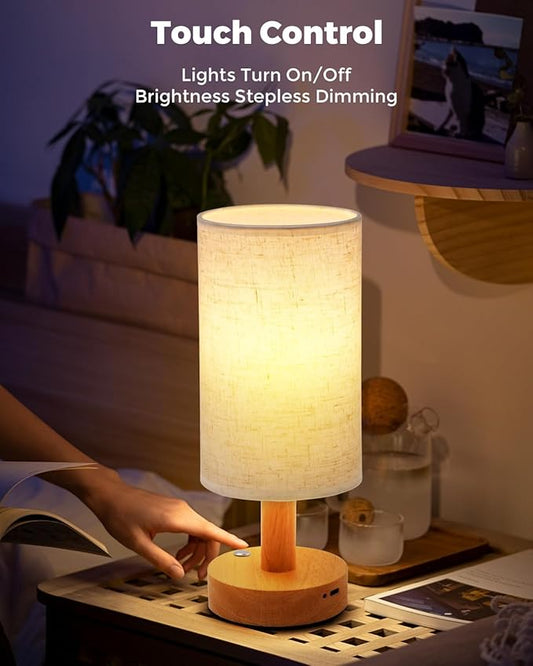 Cordless Table Lamp, 2200mAh Battery Operated Desk Lamp, Touch Bedside Lamps for Night Stands, Warm Light Mini Boho Lamp, Wood Base Round Flaxen Fabric Shade for Living Room,LED Bulb Included (Beige)