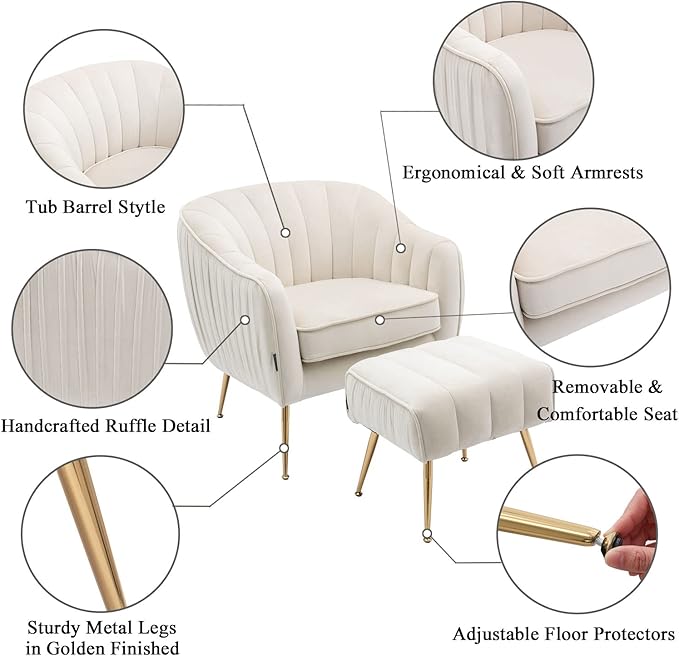 Velvet Accent Chair with Ottoman, Living Room Bedroom Chair Set, Modern Barrel Arm Chair and Ottoman Set, Golden Finished, Beige