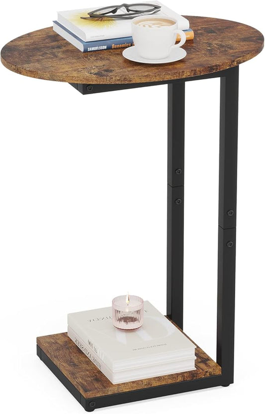 Hosfais Side Table Small End Table, C-Shaped Wood Sofa Table with Metal Frame for Living Room, Bedroom, Small Spaces (Rustic Brown)