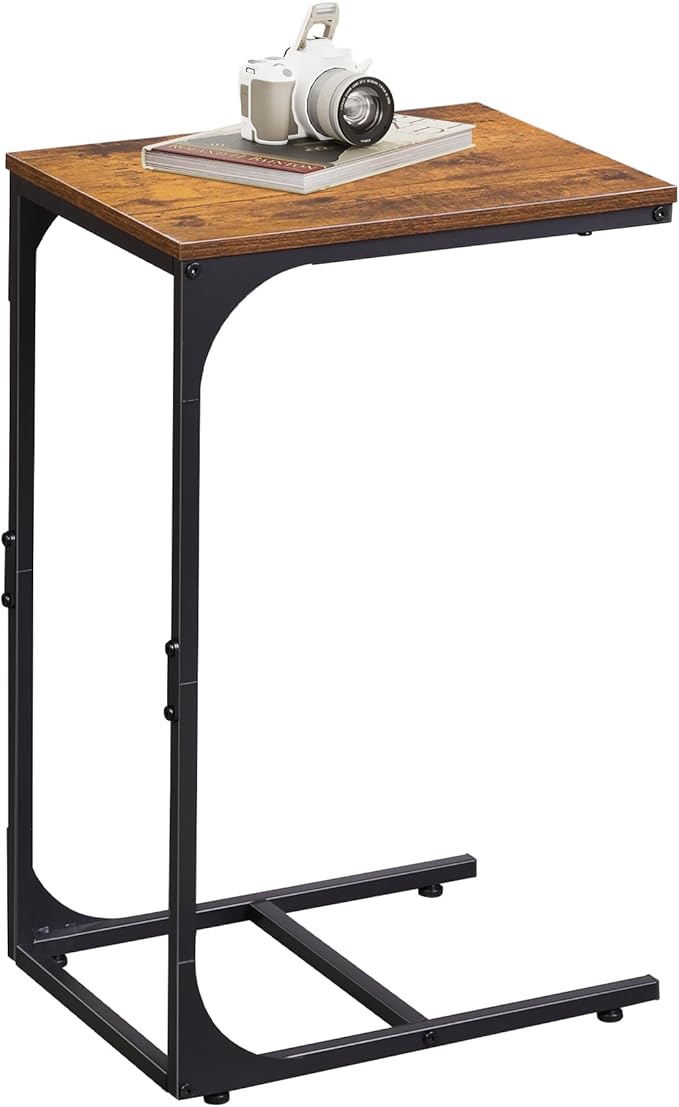 WLIVE C Shaped End Table, Small Couch Side Tables with Metal Frame That Slide Under, Sofa Table TV Tray for Living Room, Bedroom, Rustic Brown