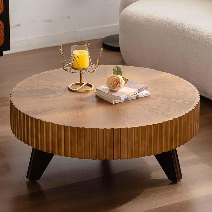 Round Coffee Table, 35.4" Vintage Handcraft Relief Drum Coffee Table Circle Wood Side Table End Table Accent Center Table Home Decor Table for Living Room Bedroom Apartment, Oak