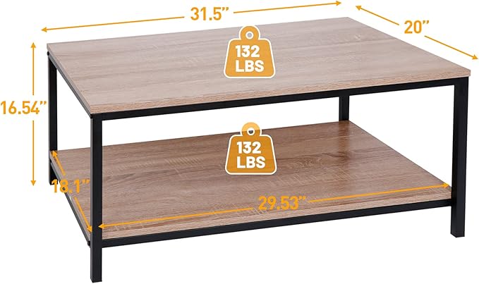ZenStyle Industrial Coffee Table with Storage Shelf for Living Room, Wood Look Accent Furniture with Vintage Wooden Board Stable Metal Frame Cocktail Desk 2-Tier Tea Table