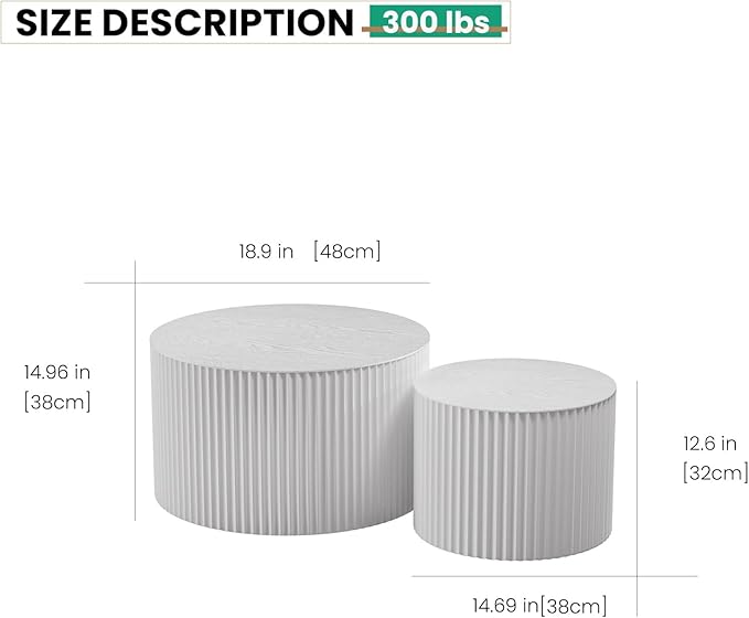 Round Nesting Coffee Table Set of 2 Handcraft Circle Fluted Nesting Coffee Tables Circular Side Table Drum Accent End Tables for Living Room Bedroom (White A Small)